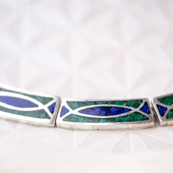 Vintage .925 Sterling Silver Choker Inlay necklace Lazuli Lapis & Malachite 90s - Picture 11 of 16